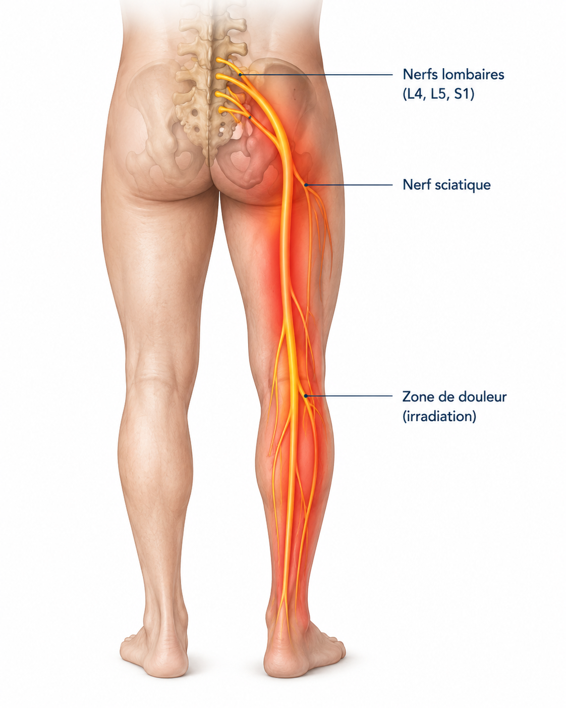 Sciatique 2 Trajet Du Nerf Sciatique De La Région Lombaire Vers La Fesse, La Jambe Et Le Pied